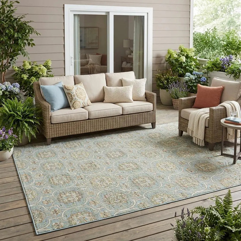 5' X 8' Blue And Ivory Floral Medallion Washable Indoor Outdoor Area Rug Homeroots Outdoor