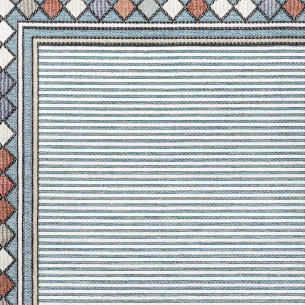 5' X 8' Blue And Ivory Geometric Indoor Outdoor Area Rug - GreatEagleInc