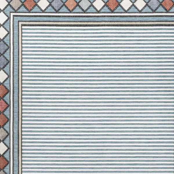5' X 8' Blue And Ivory Geometric Indoor Outdoor Area Rug - GreatEagleInc
