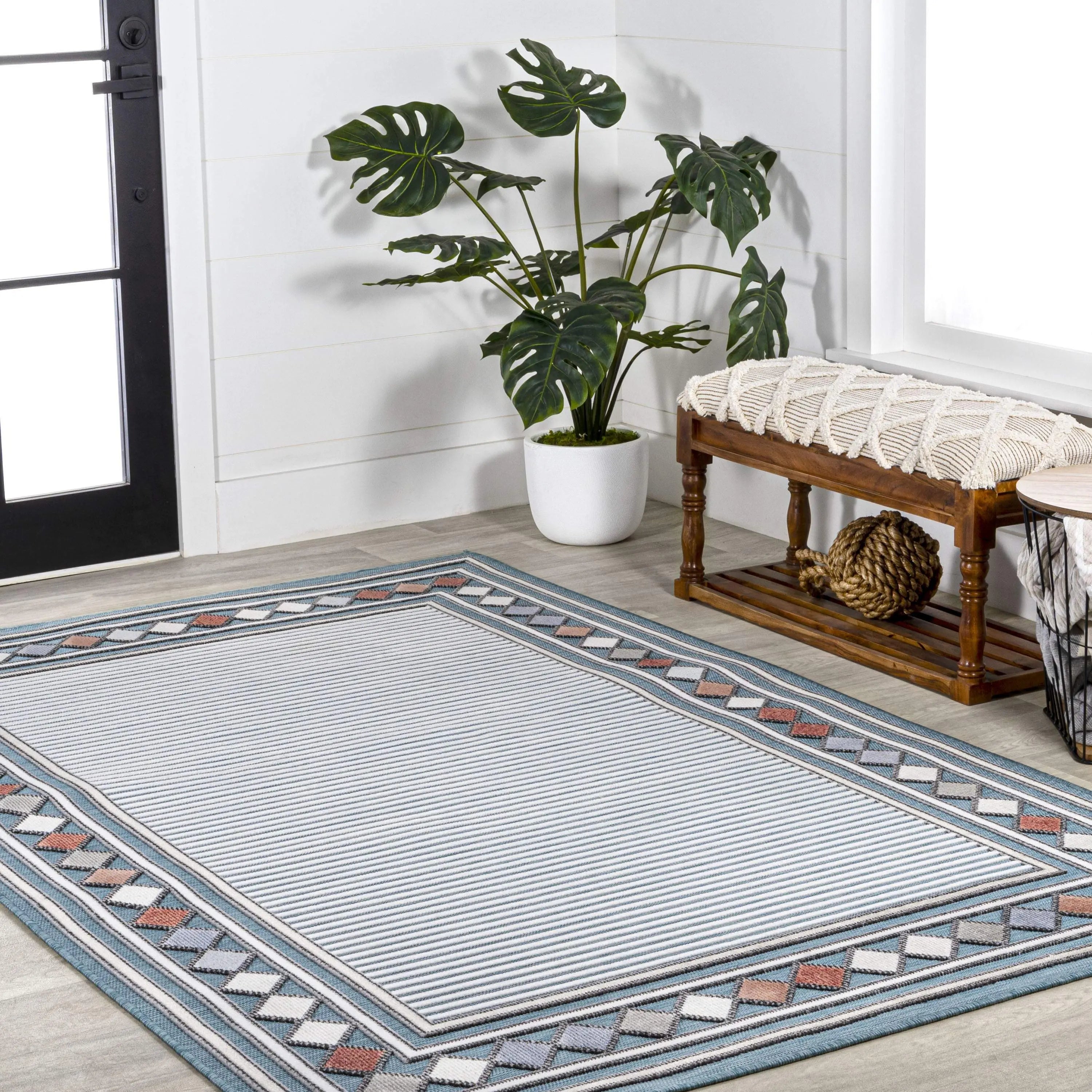 5' X 8' Blue And Ivory Geometric Indoor Outdoor Area Rug - GreatEagleInc