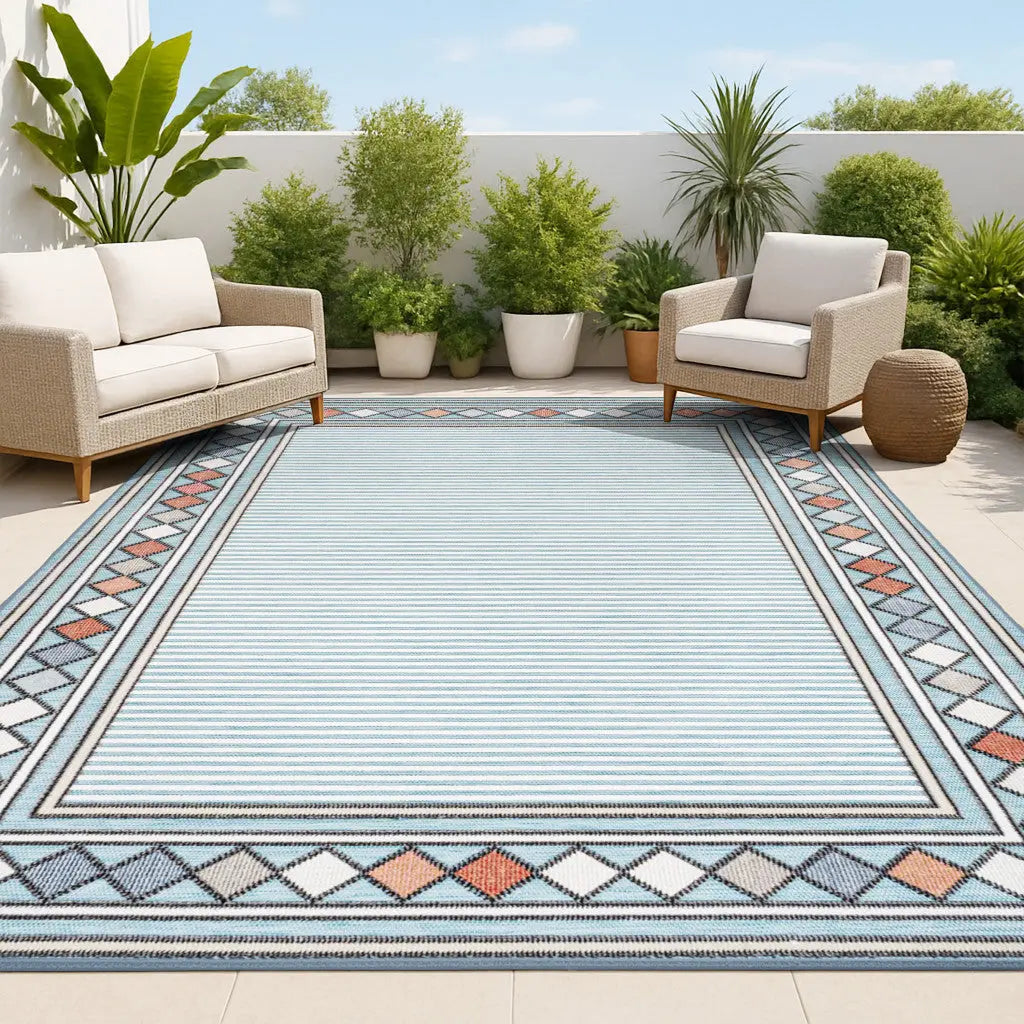 5' X 8' Blue And Ivory Geometric Indoor Outdoor Area Rug - GreatEagleInc