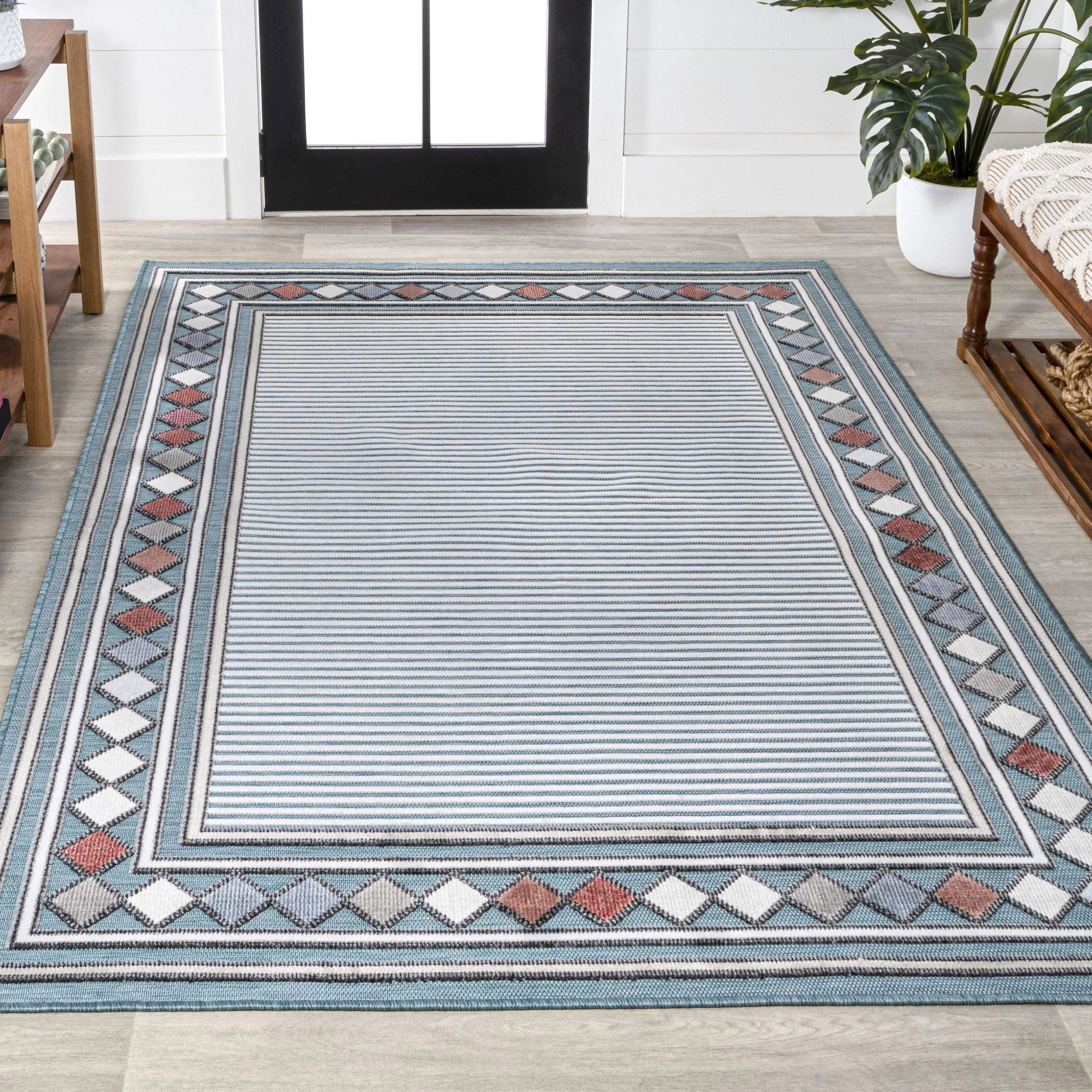 5' X 8' Blue And Ivory Geometric Indoor Outdoor Area Rug - GreatEagleInc