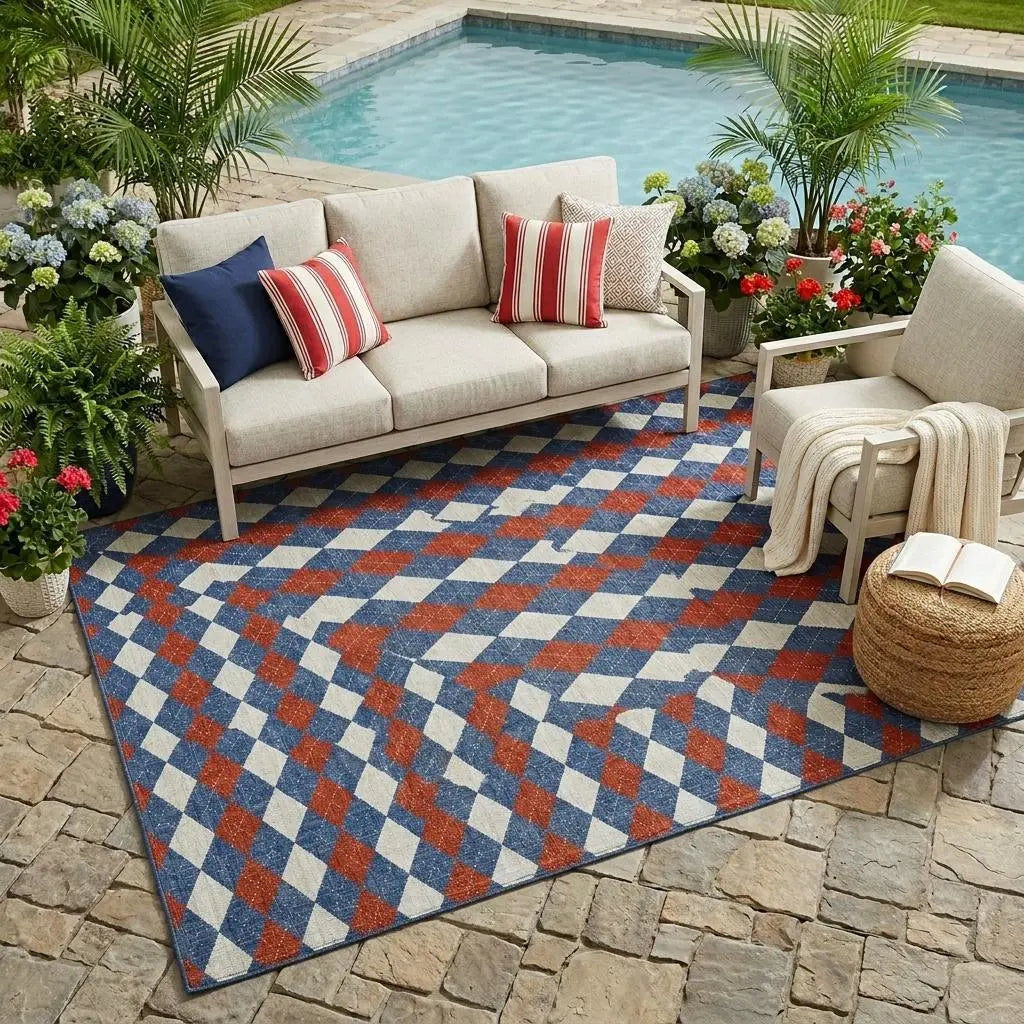 5' X 8' Blue And Ivory Geometric Washable Indoor Outdoor Area Rug Homeroots Outdoor