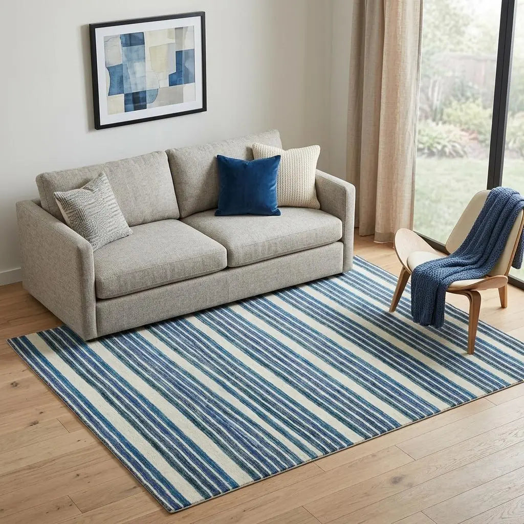 5' X 8' Blue And Ivory Wool Striped Hand Tufted Area Rug Homeroots Home Decor