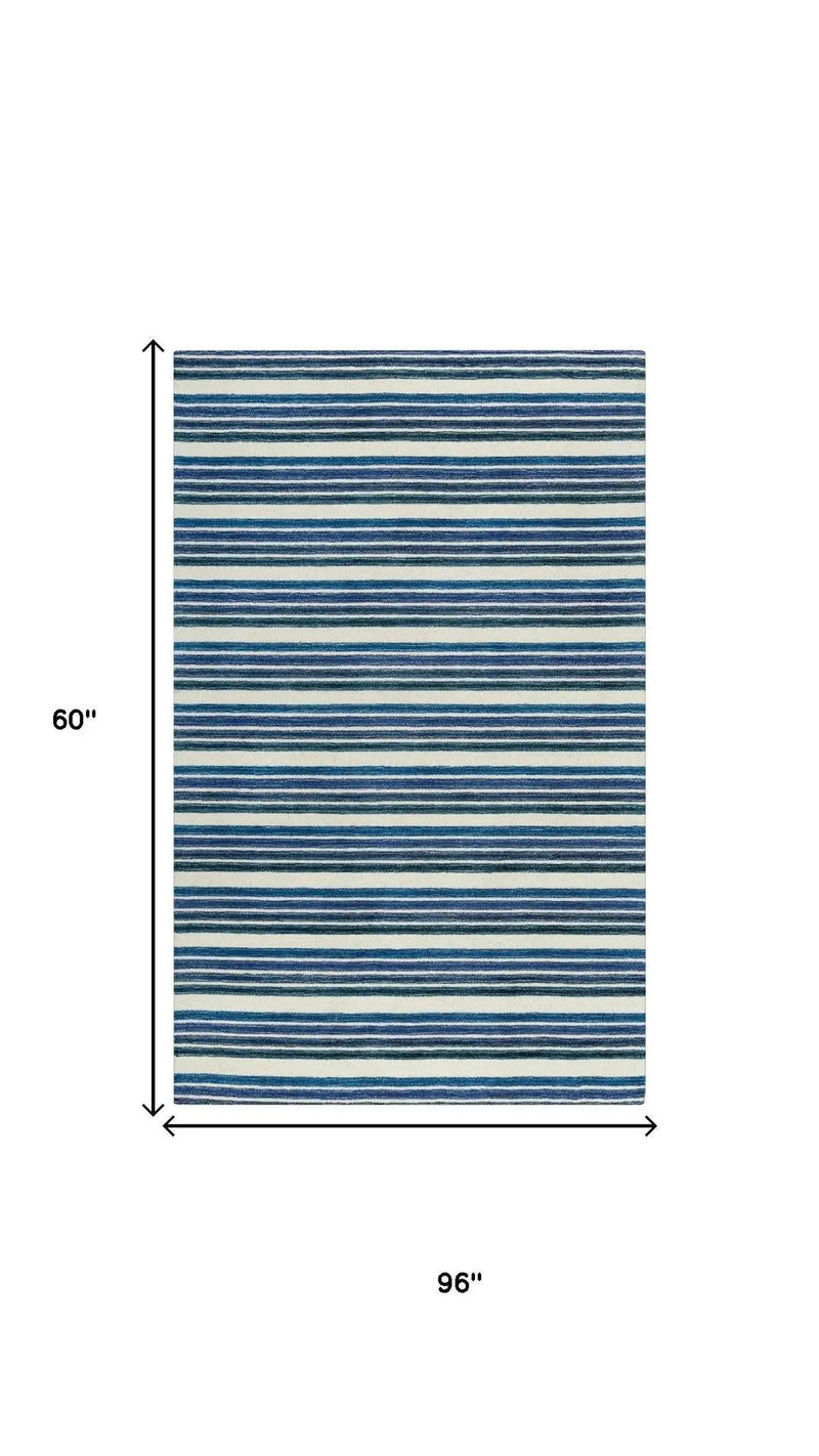 5' X 8' Blue And Ivory Wool Striped Hand Tufted Area Rug Homeroots Home Decor