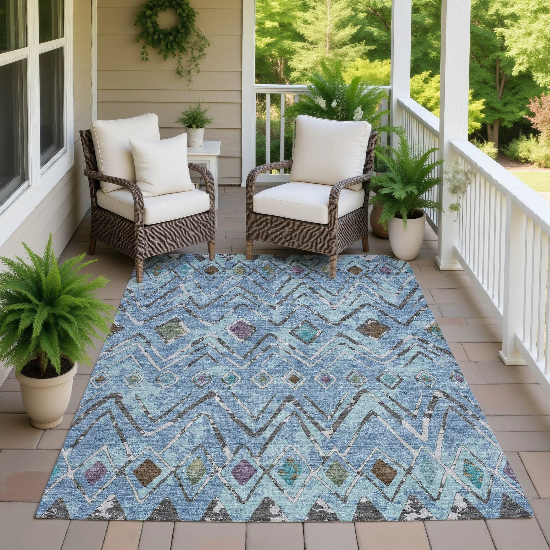 5' X 8' Blue And Khaki Geometric Washable Indoor Outdoor Area Rug Homeroots Outdoor