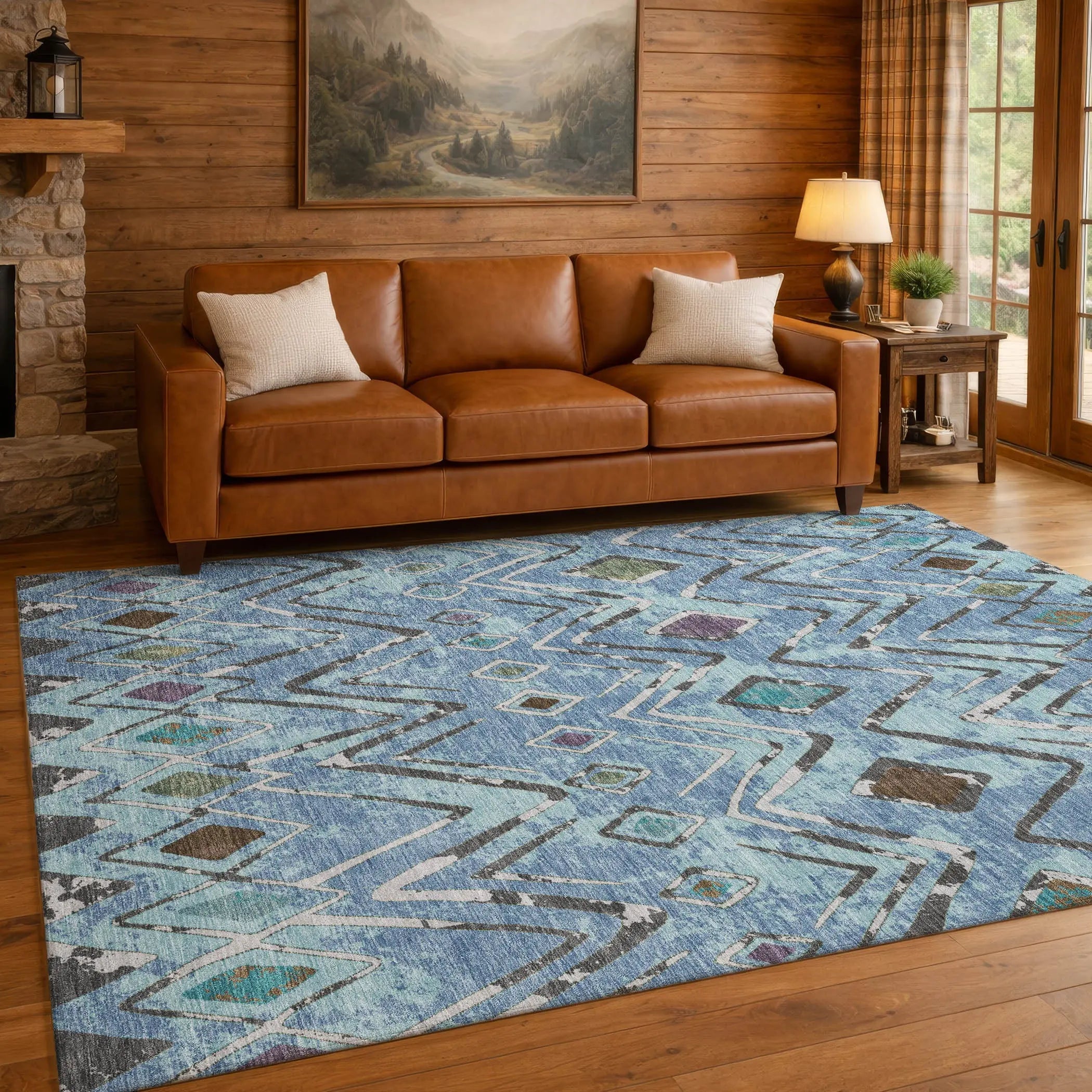 5' X 8' Blue And Khaki Geometric Washable Indoor Outdoor Area Rug Homeroots Outdoor