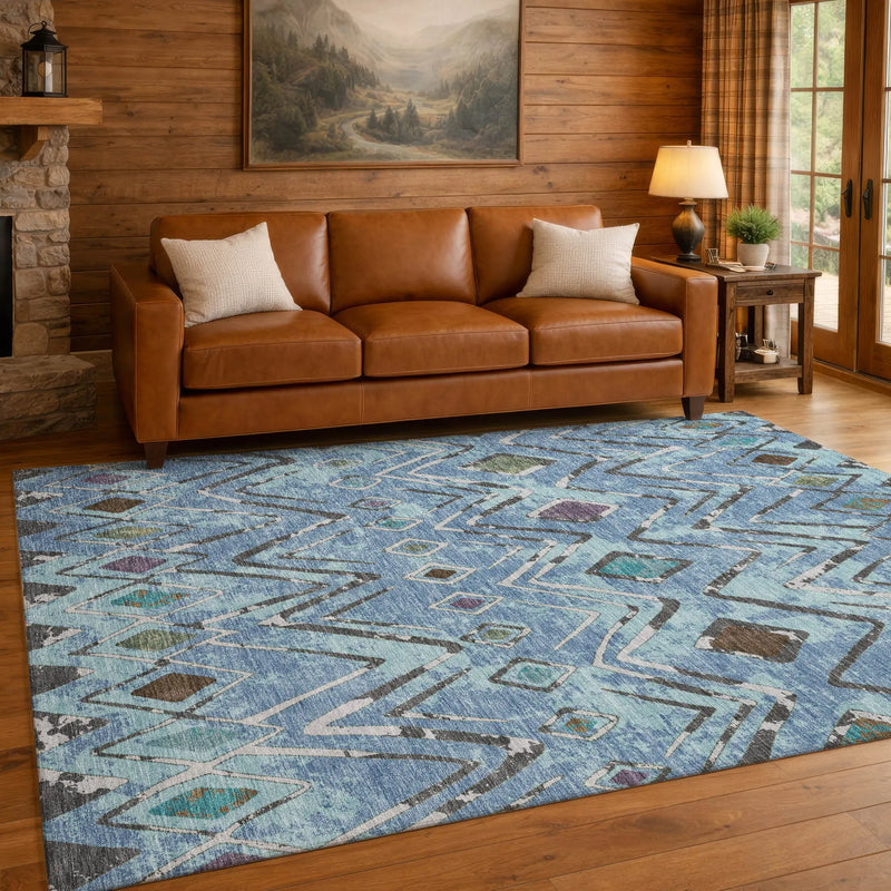 5' X 8' Blue And Khaki Geometric Washable Indoor Outdoor Area Rug Homeroots Outdoor