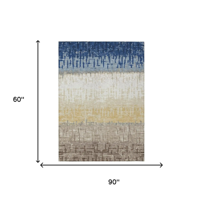 5' X 8' Blue And Khaki Striped Washable Indoor Outdoor Area Rug Homeroots Outdoor