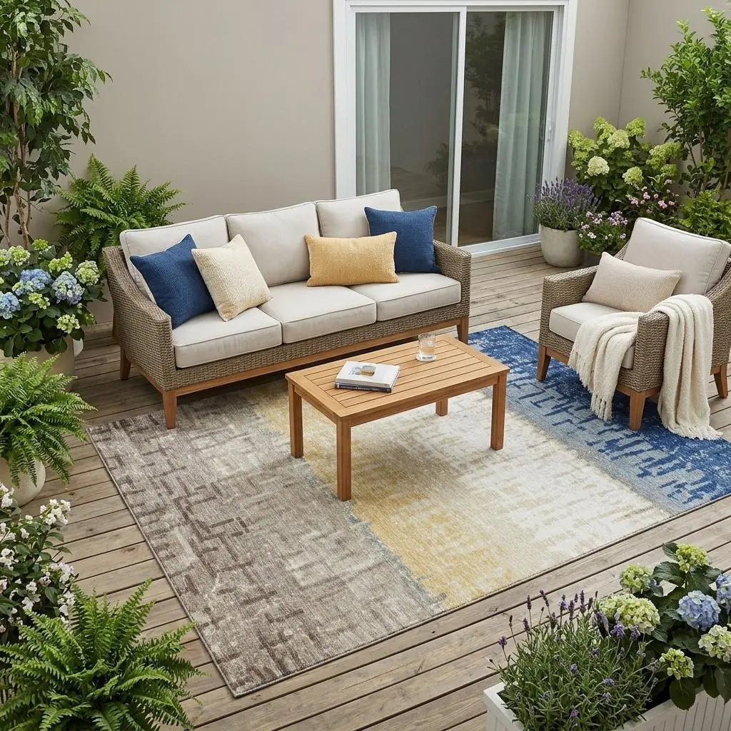 5' X 8' Blue And Khaki Striped Washable Indoor Outdoor Area Rug Homeroots Outdoor