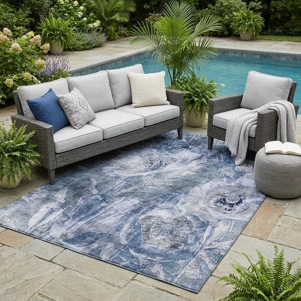 5' X 8' Blue And Lavender Floral Washable Indoor Outdoor Area Rug Homeroots Outdoor