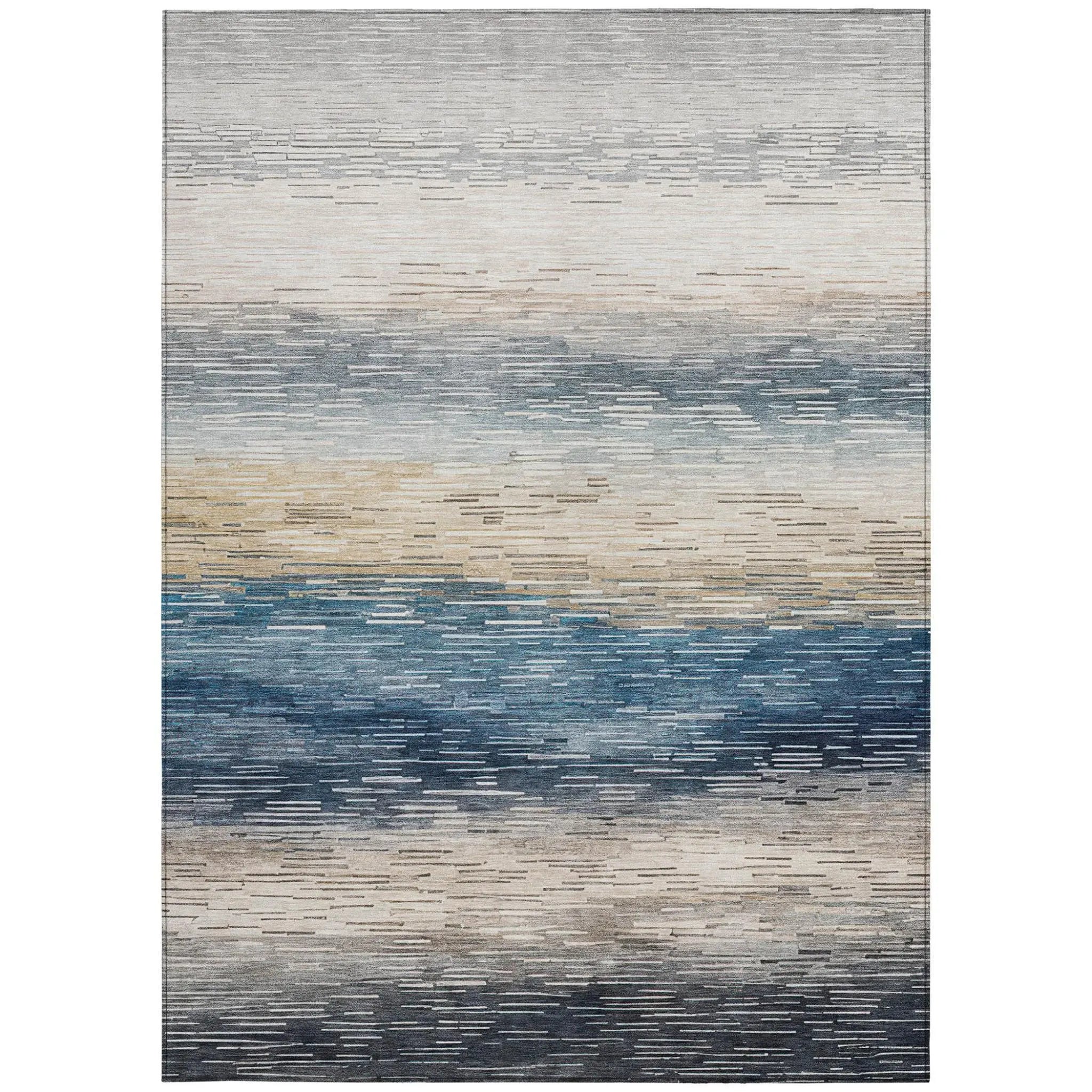 5' X 8' Blue And Linen Striped Washable Indoor Outdoor Area Rug Homeroots Outdoor