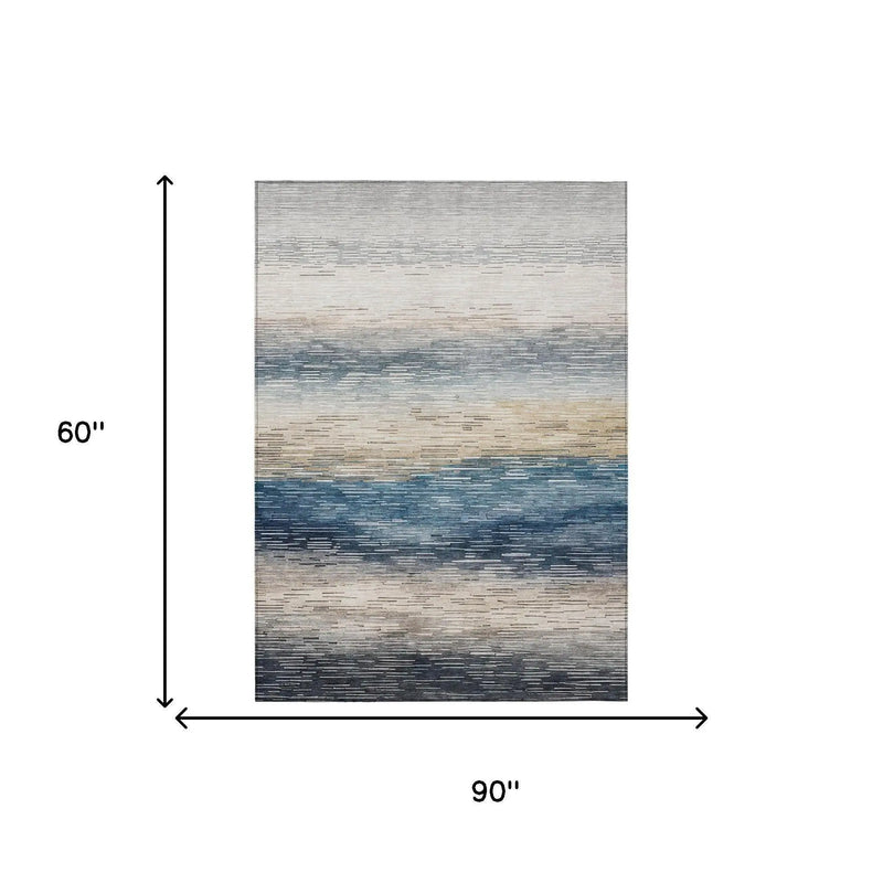 5' X 8' Blue And Linen Striped Washable Indoor Outdoor Area Rug Homeroots Outdoor