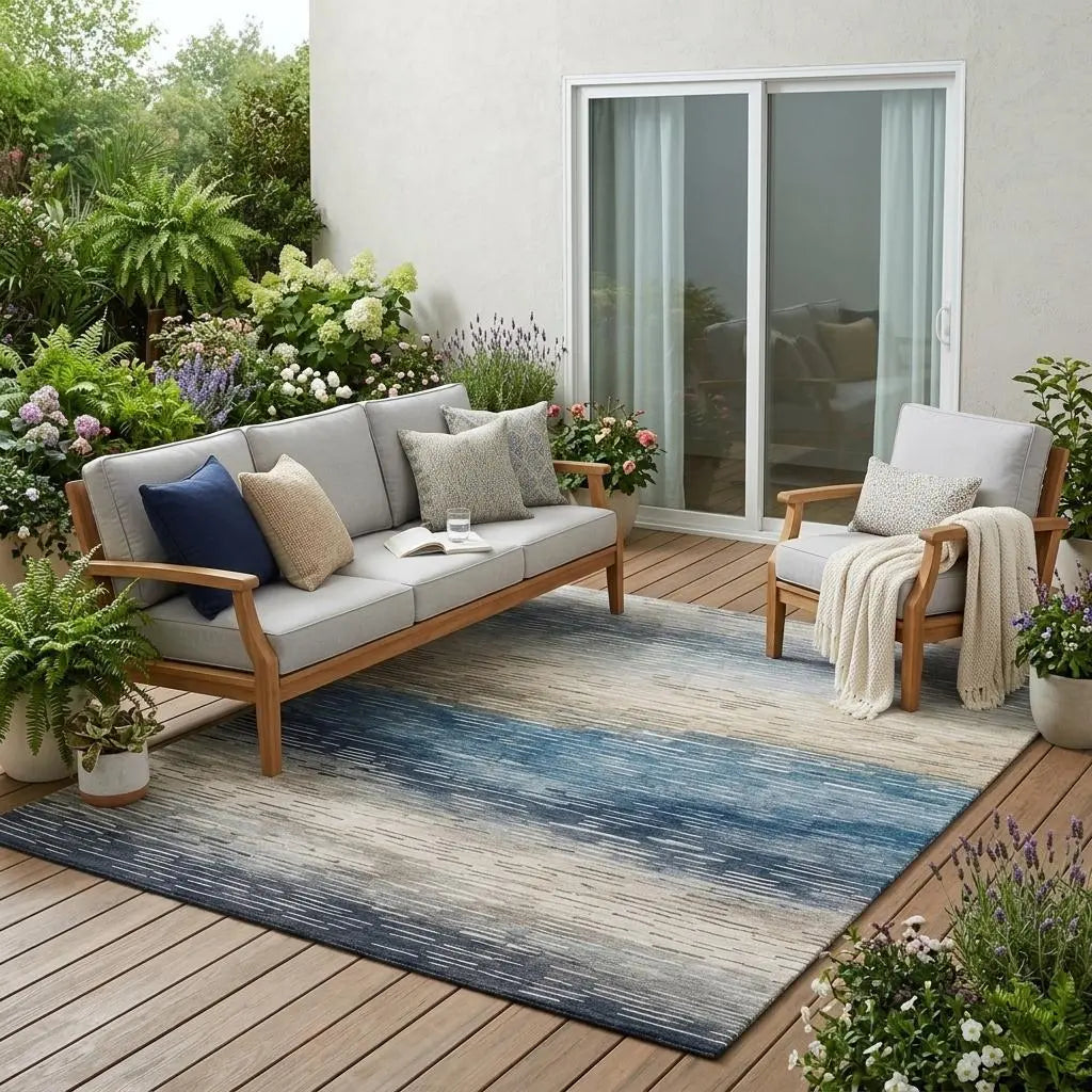 5' X 8' Blue And Linen Striped Washable Indoor Outdoor Area Rug Homeroots Outdoor