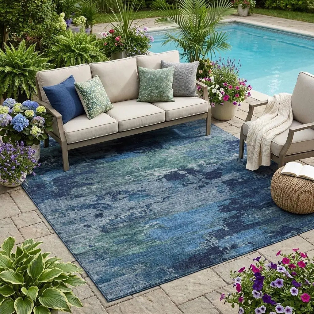 5' X 8' Blue And Navy Blue Abstract Washable Indoor Outdoor Area Rug Homeroots Outdoor