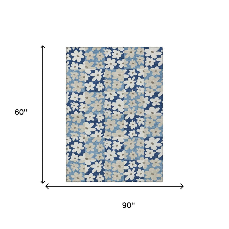 5' X 8' Blue And Navy Blue Floral Washable Indoor Outdoor Area Rug Homeroots Outdoor