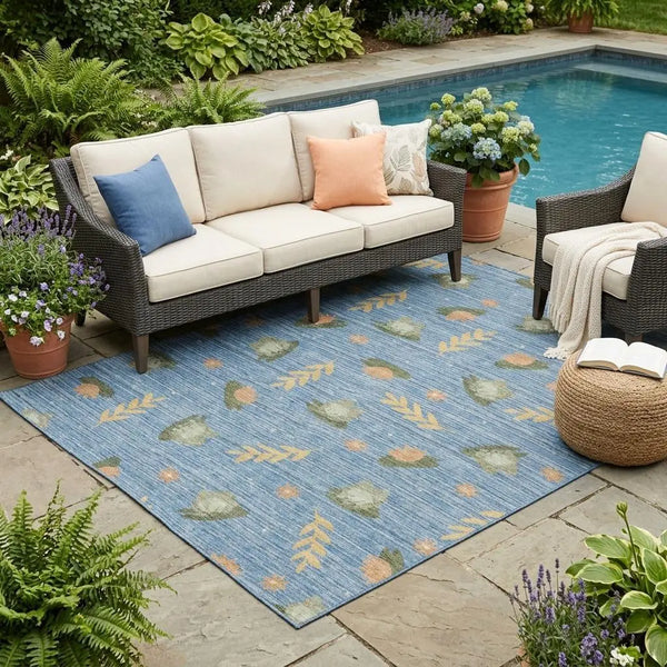 5' X 8' Blue And Olive Green Botanical Leaves Washable Indoor Outdoor Area Rug Homeroots Outdoor