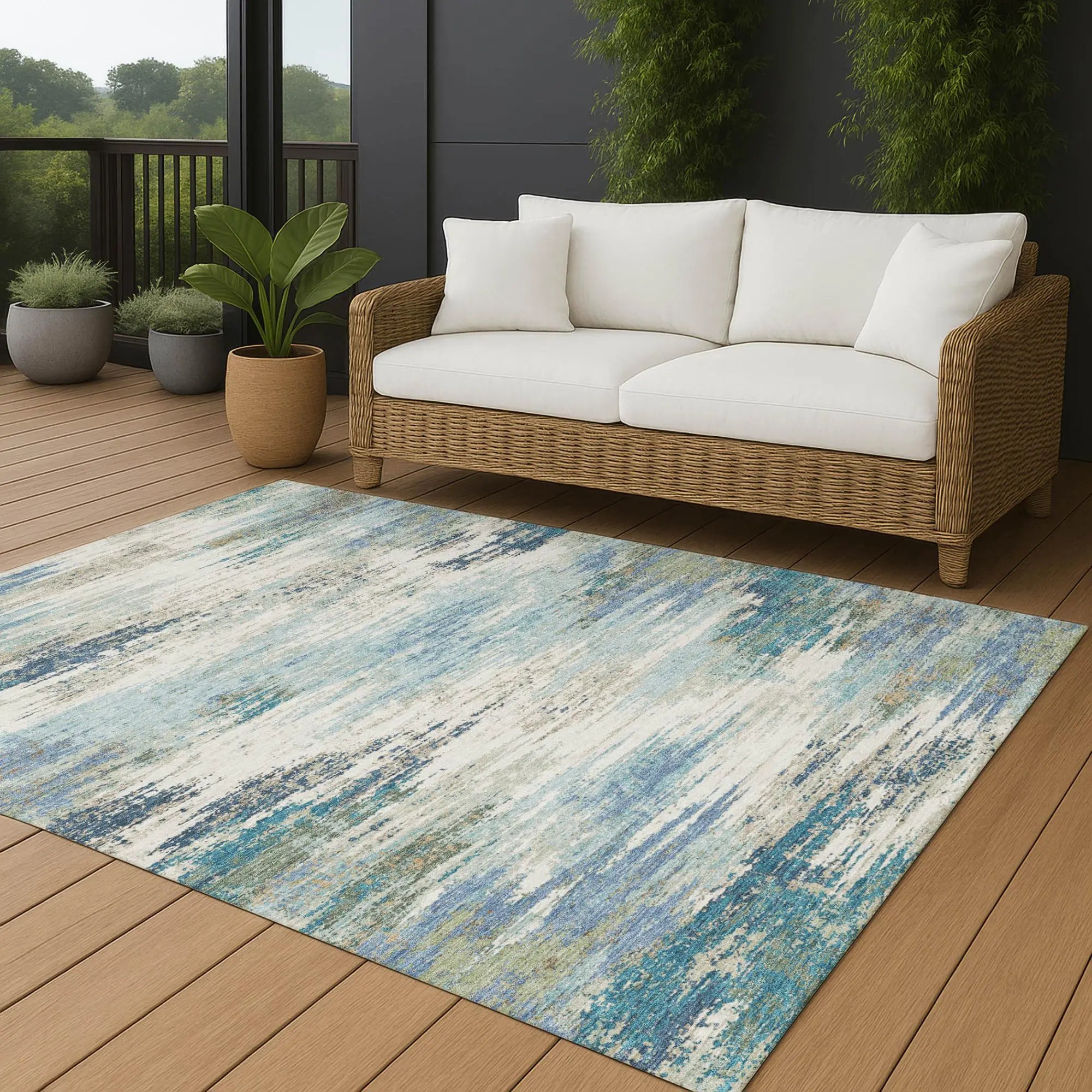 5' X 8' Blue And Pewter Abstract Washable Indoor Outdoor Area Rug Homeroots Outdoor