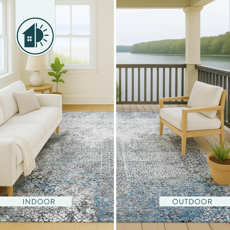 5' X 8' Blue And Pewter Abstract Washable Indoor Outdoor Area Rug Homeroots Outdoor