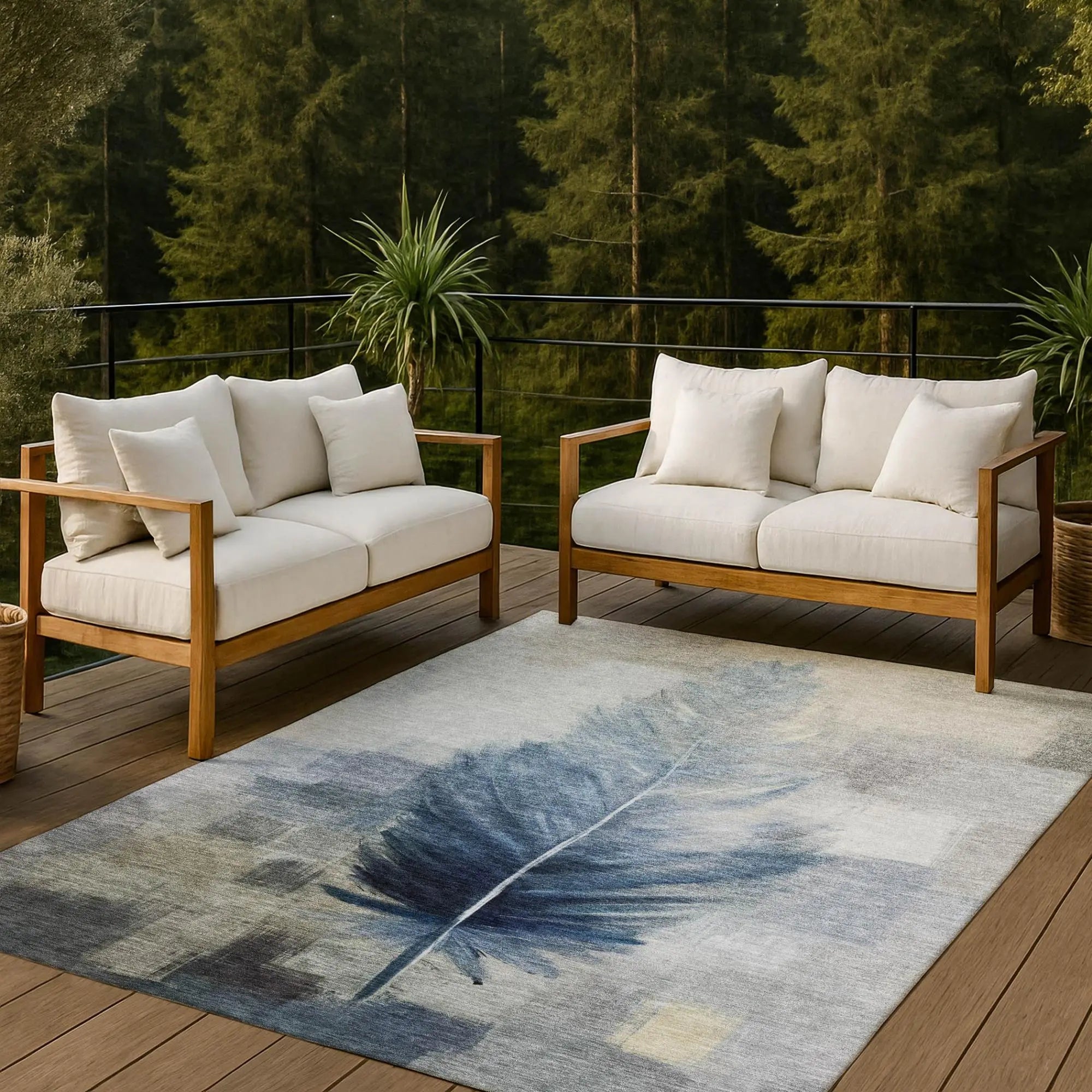 5' X 8' Blue And Pewter Botanical Leaves Washable Indoor Outdoor Area Rug Homeroots Outdoor