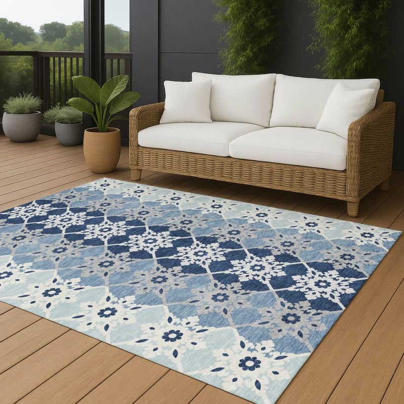 5' X 8' Blue And Pewter Floral Medallion Washable Indoor Outdoor Area Rug Homeroots Outdoor