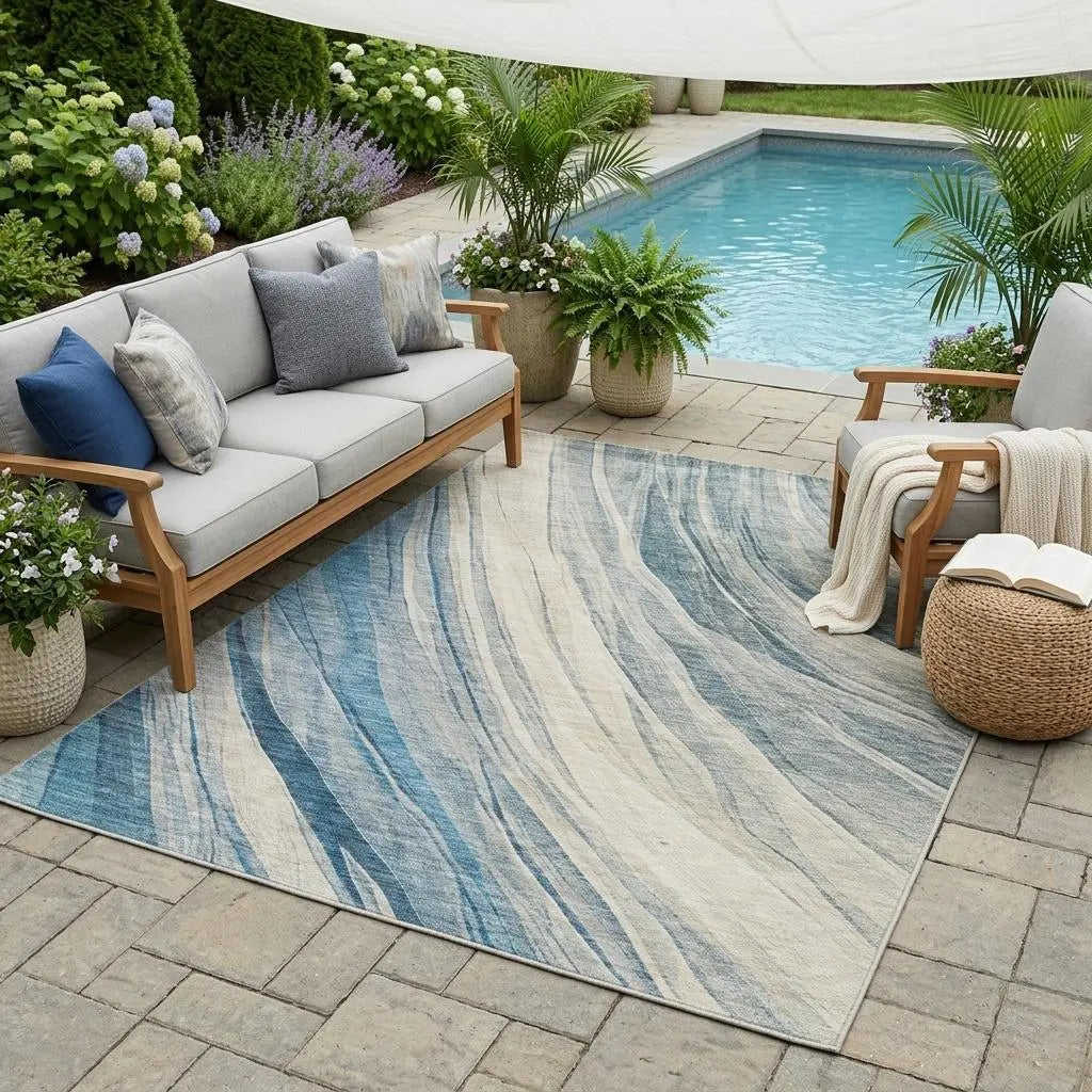 5' X 8' Blue And Silver Abstract Washable Indoor Outdoor Area Rug Homeroots Outdoor