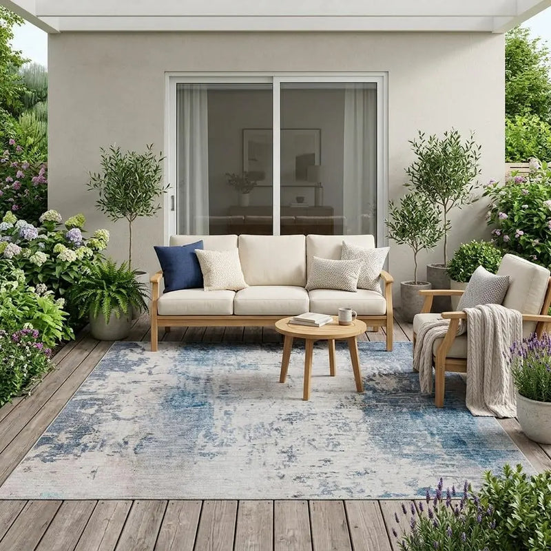 5' X 8' Blue And Silver Abstract Washable Indoor Outdoor Area Rug Homeroots Outdoor