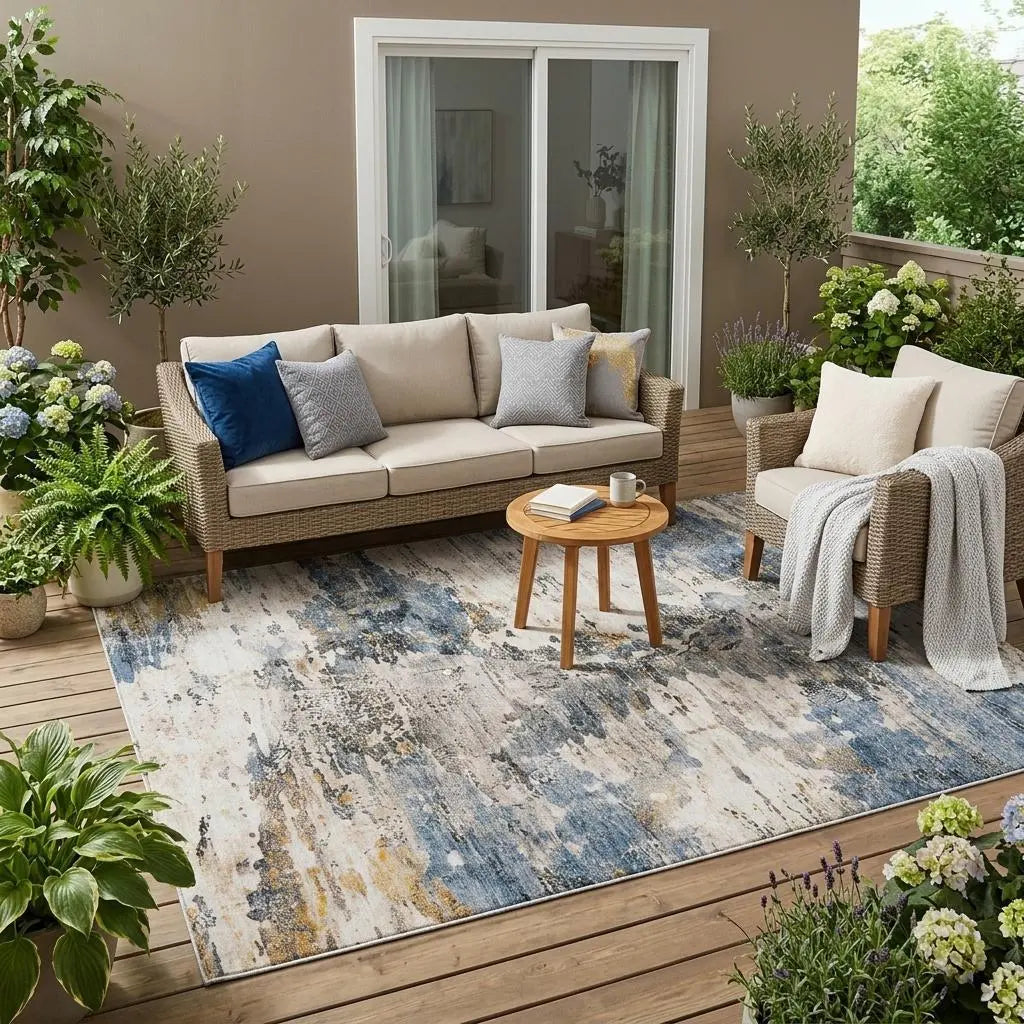 5' X 8' Blue And Silver Abstract Washable Indoor Outdoor Area Rug Homeroots Outdoor