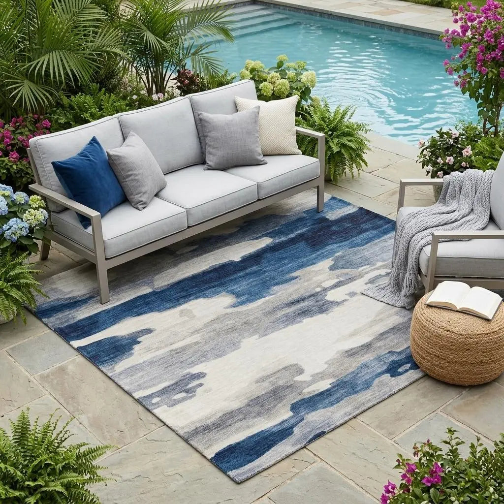 5' X 8' Blue And Silver Abstract Washable Indoor Outdoor Area Rug Homeroots Outdoor