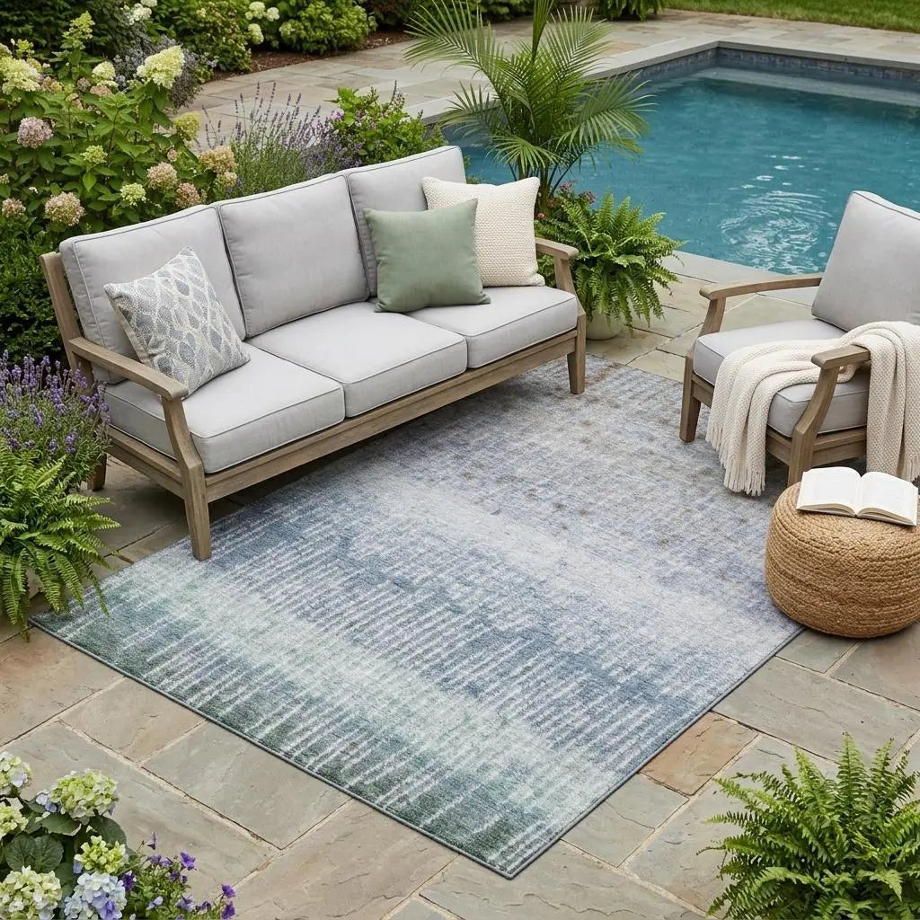 5' X 8' Blue And Silver Abstract Washable Indoor Outdoor Area Rug Homeroots Outdoor