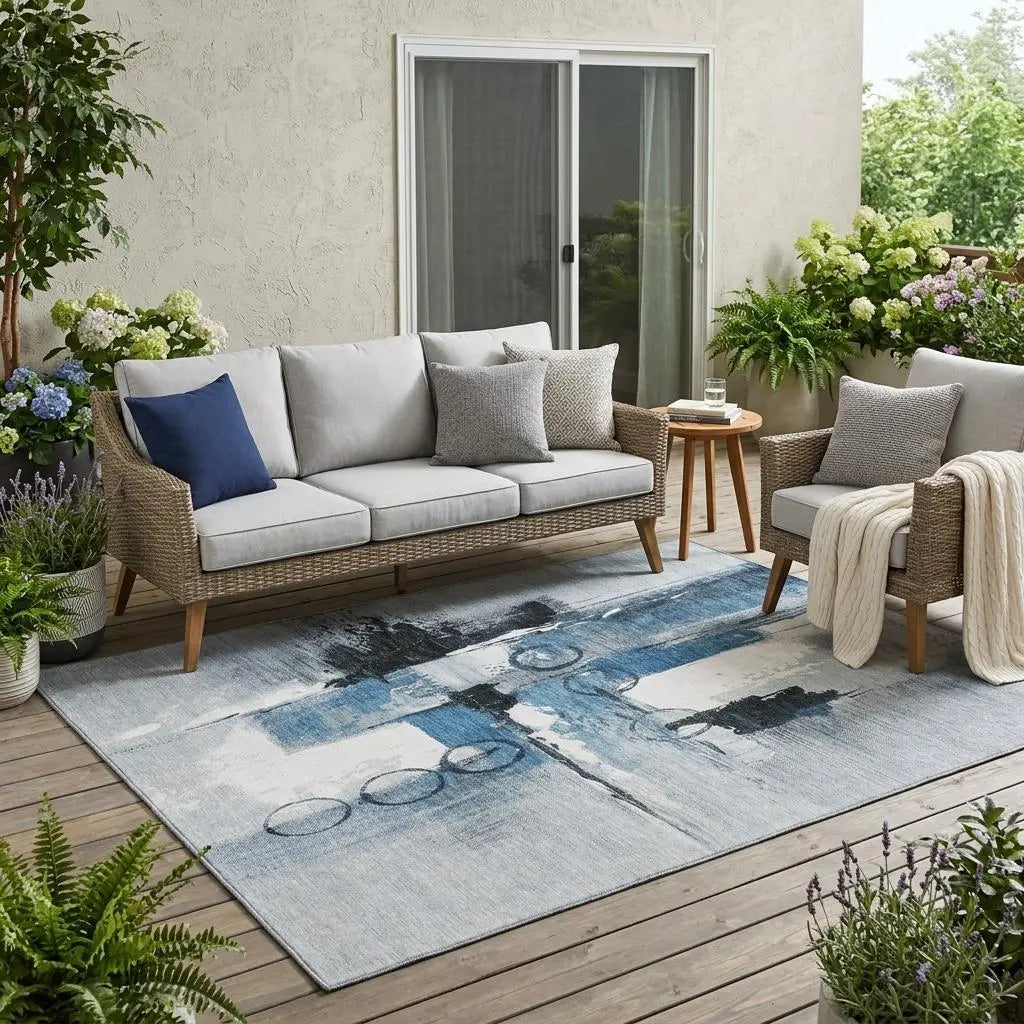 5' X 8' Blue And Silver Abstract Washable Indoor Outdoor Area Rug Homeroots Outdoor