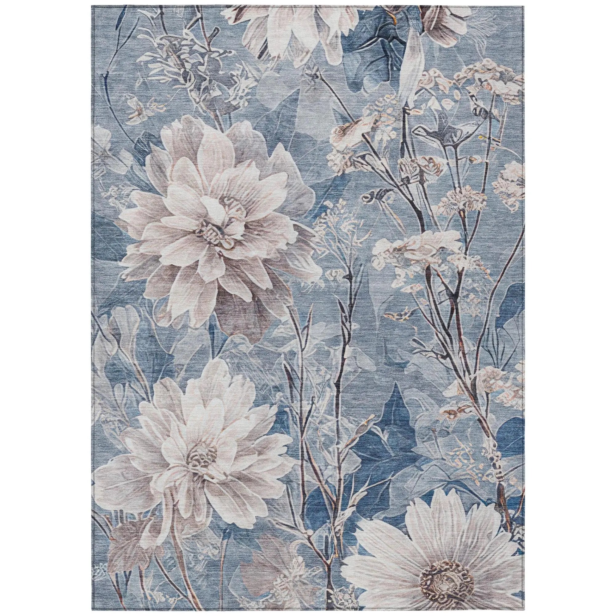 5' X 8' Blue And Silver Floral Washable Indoor Outdoor Area Rug Homeroots Outdoor