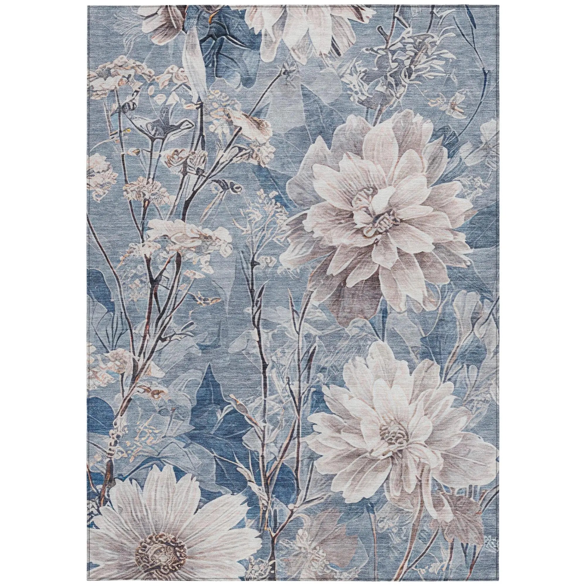 5' X 8' Blue And Silver Floral Washable Indoor Outdoor Area Rug Homeroots Outdoor