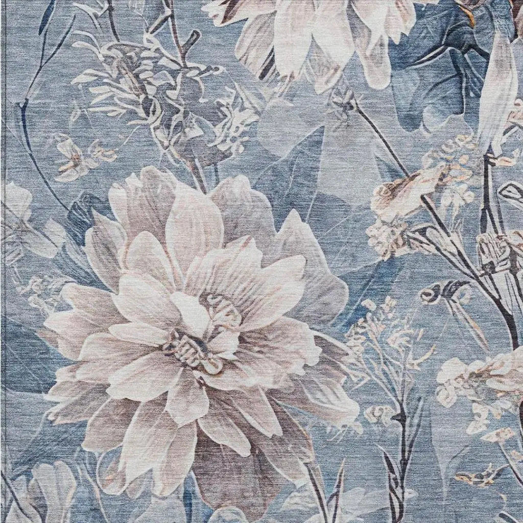 5' X 8' Blue And Silver Floral Washable Indoor Outdoor Area Rug Homeroots Outdoor