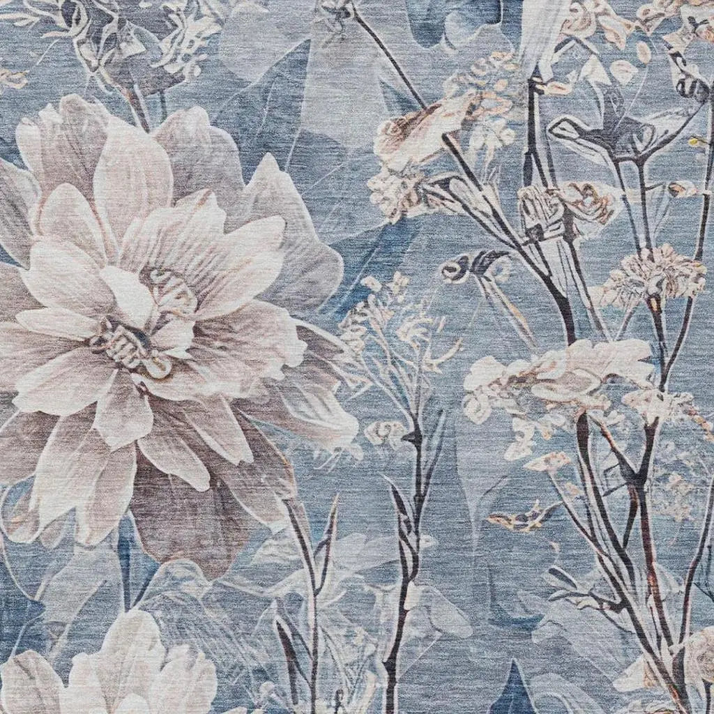 5' X 8' Blue And Silver Floral Washable Indoor Outdoor Area Rug Homeroots Outdoor