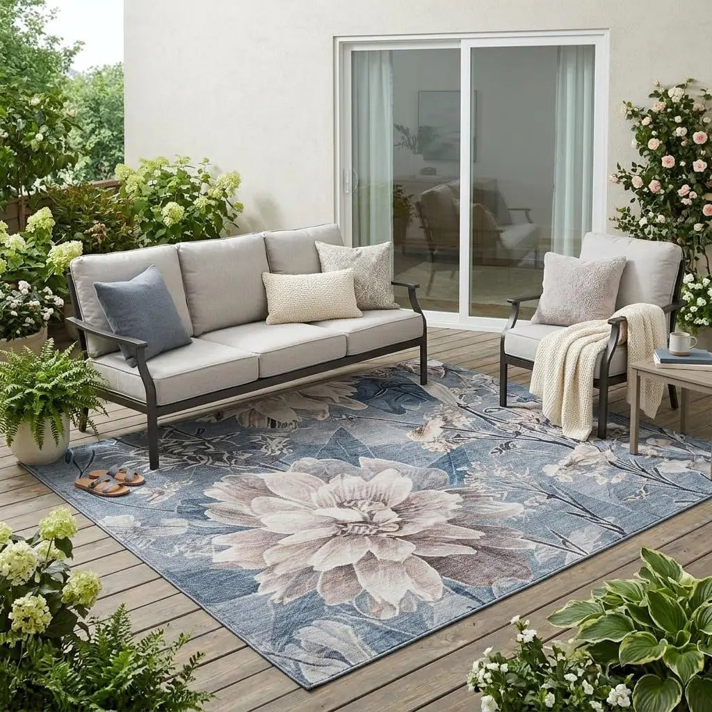 5' X 8' Blue And Silver Floral Washable Indoor Outdoor Area Rug Homeroots Outdoor