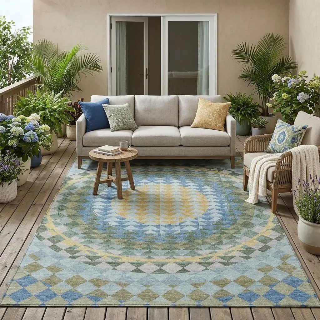 5' X 8' Blue And Silver Geometric Washable Indoor Outdoor Area Rug Homeroots Outdoor