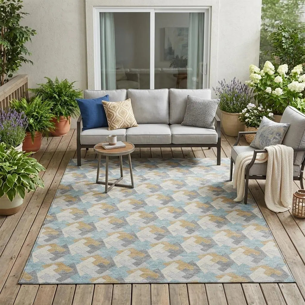 5' X 8' Blue And Silver Geometric Washable Indoor Outdoor Area Rug Homeroots Outdoor