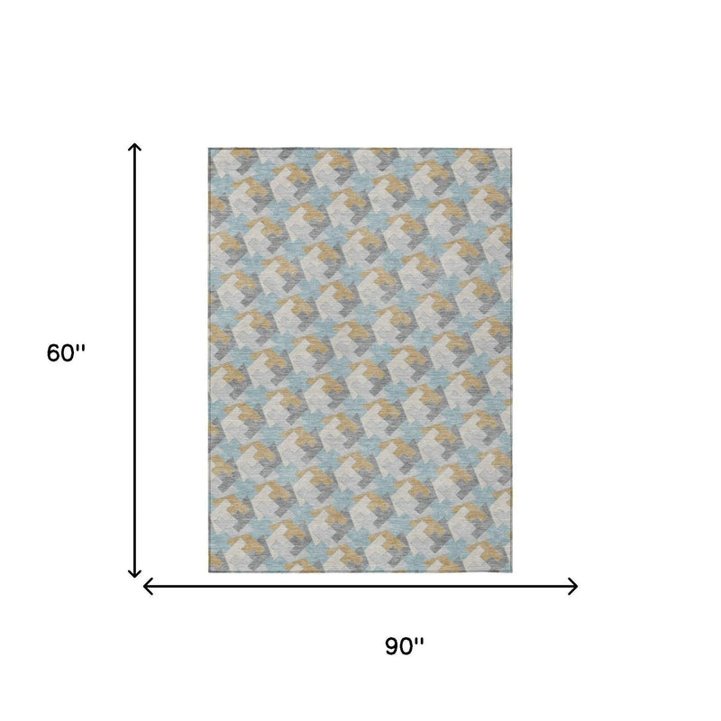 5' X 8' Blue And Silver Geometric Washable Indoor Outdoor Area Rug Homeroots Outdoor