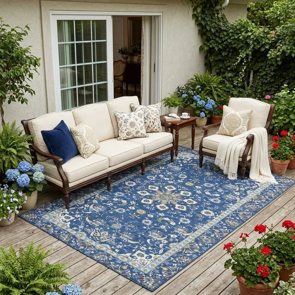 5' X 8' Blue And Silver Oriental Washable Indoor Outdoor Area Rug Homeroots Outdoor