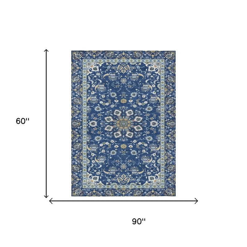 5' X 8' Blue And Silver Oriental Washable Indoor Outdoor Area Rug Homeroots Outdoor