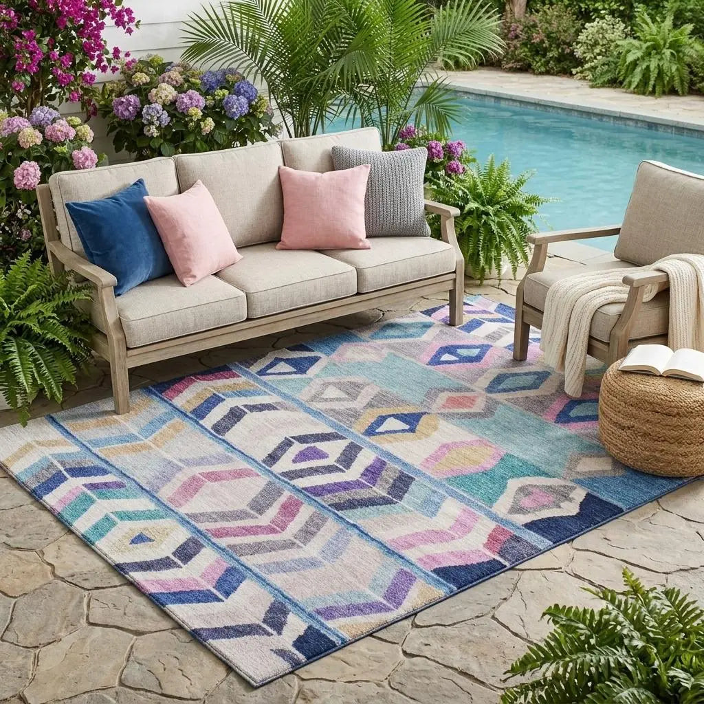 5' X 8' Blue And Silver Tribal Washable Indoor Outdoor Area Rug Homeroots Outdoor