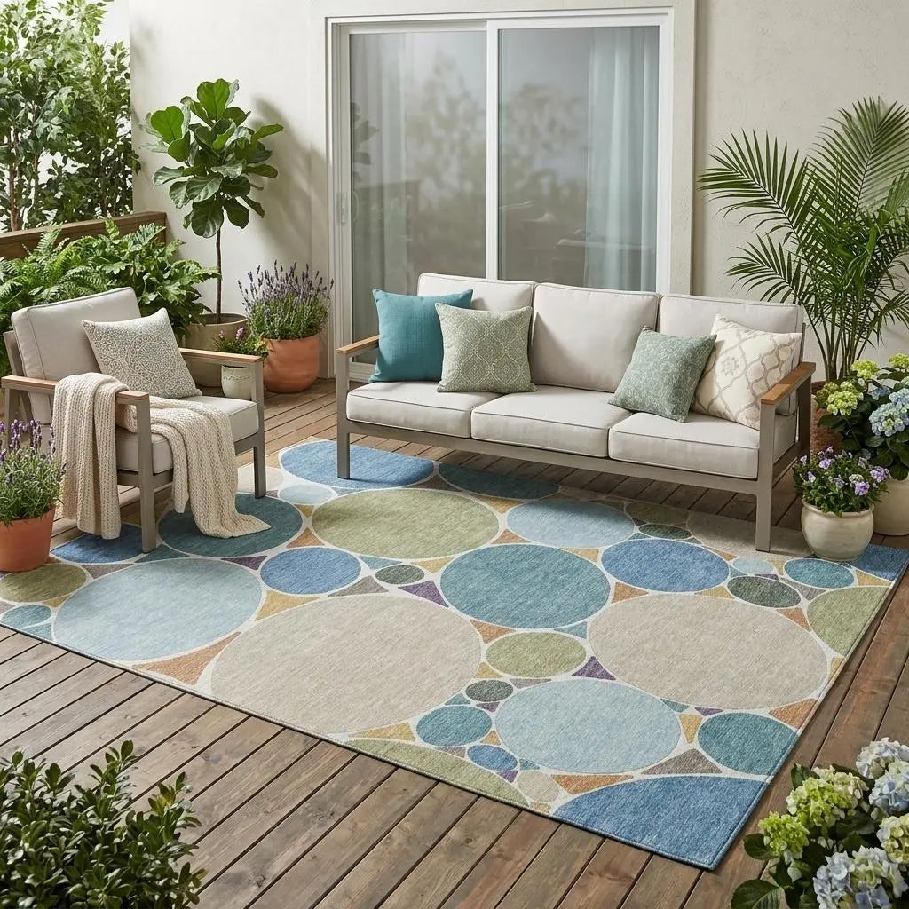 5' X 8' Blue And Teal Blue Geometric Washable Indoor Outdoor Area Rug Homeroots Outdoor