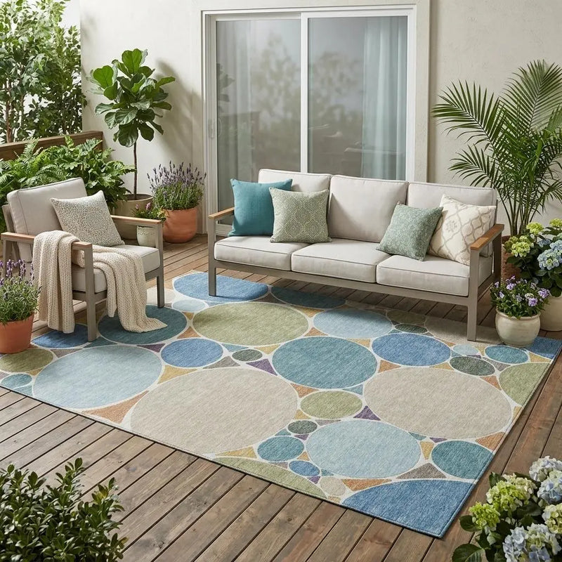5' X 8' Blue And Teal Blue Geometric Washable Indoor Outdoor Area Rug Homeroots Outdoor