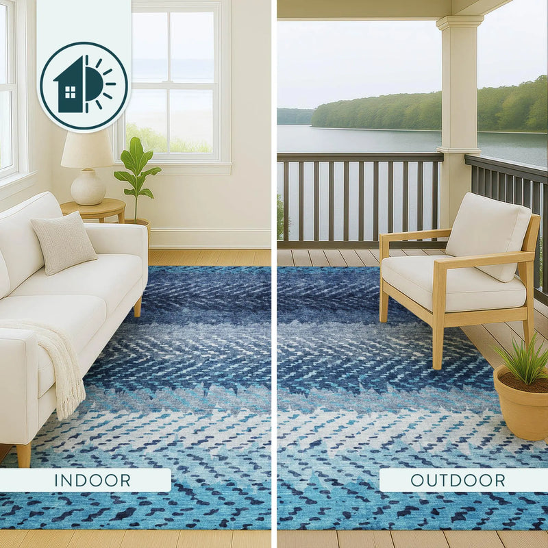 5' X 8' Blue And Teal Blue Striped Washable Indoor Outdoor Area Rug Homeroots Outdoor