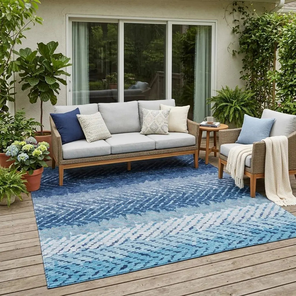 5' X 8' Blue And Teal Blue Striped Washable Indoor Outdoor Area Rug Homeroots Outdoor