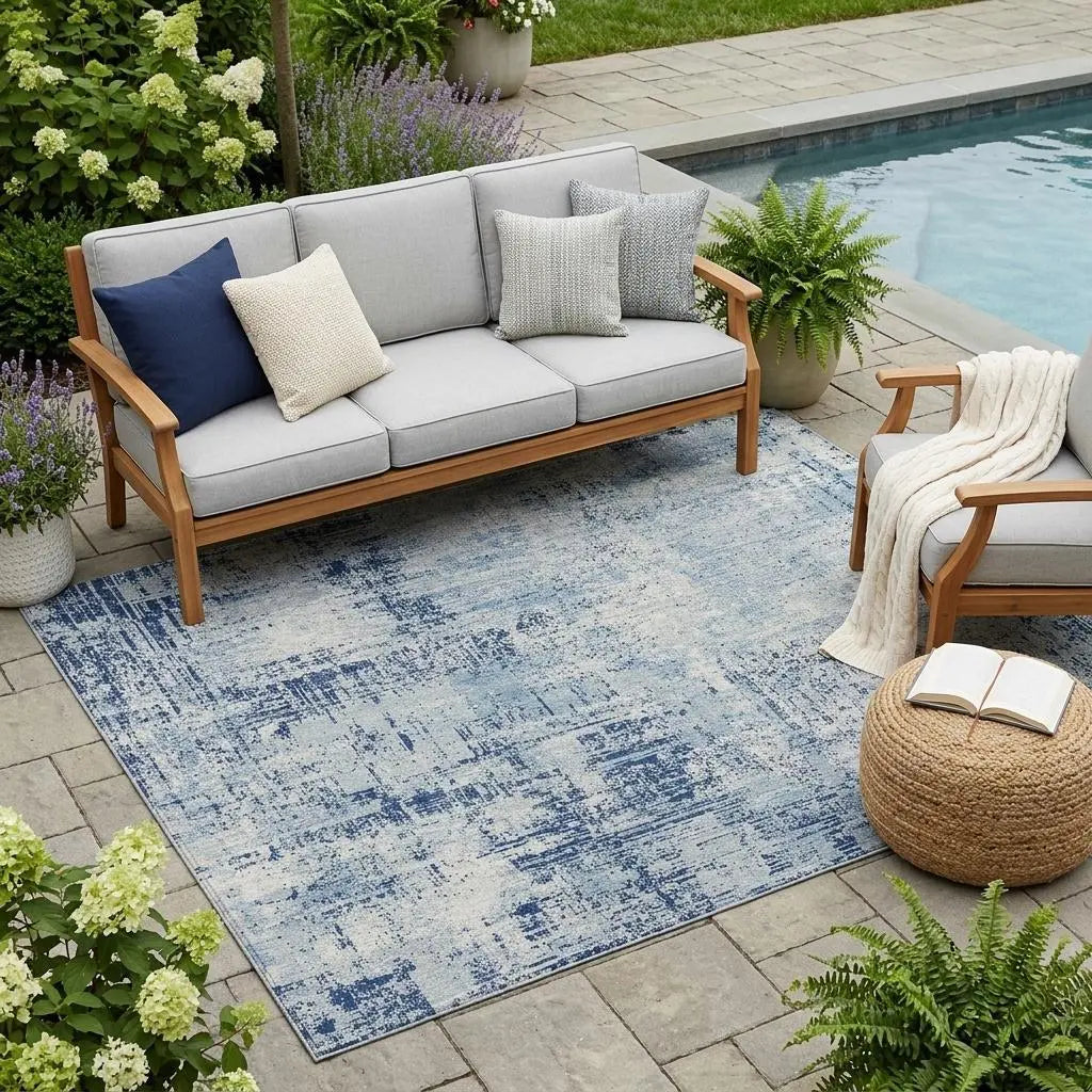 5' X 8' Blue And Wheat Abstract Washable Indoor Outdoor Area Rug Homeroots Outdoor