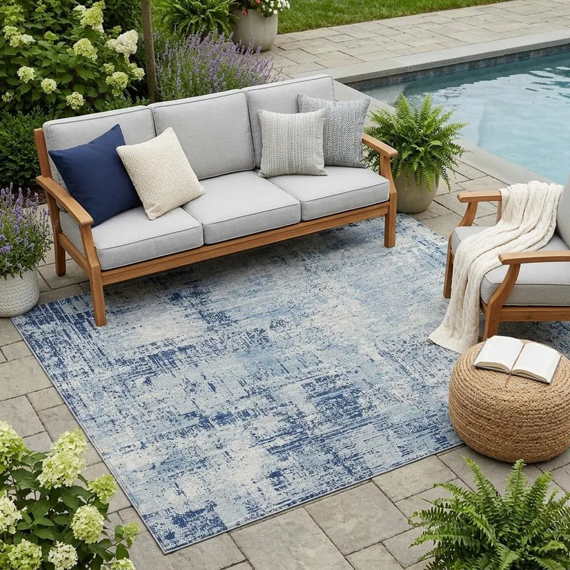 5' X 8' Blue And Wheat Abstract Washable Indoor Outdoor Area Rug Homeroots Outdoor