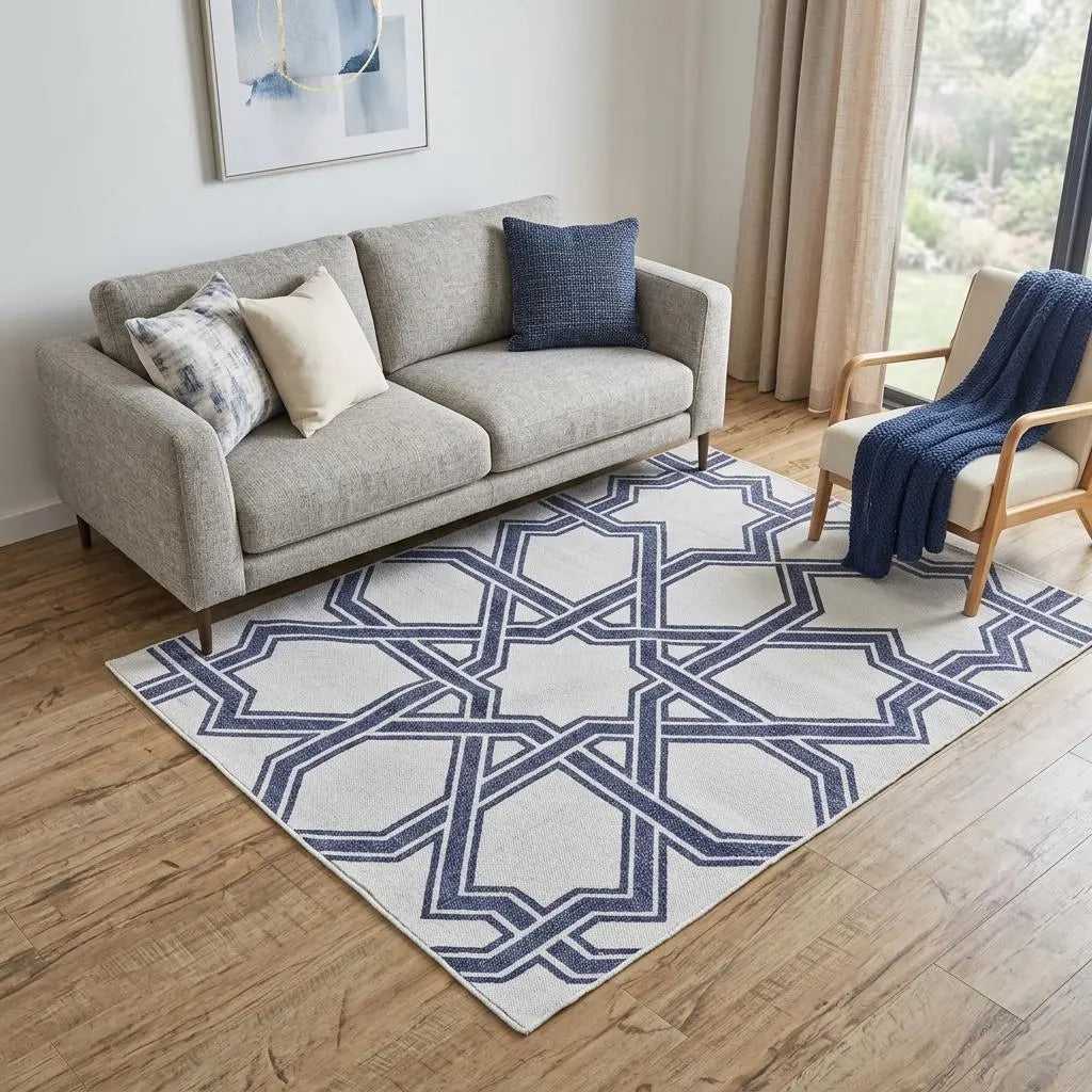 5' X 8' Blue And White Geometric Hand Woven Area Rug Homeroots Home Decor