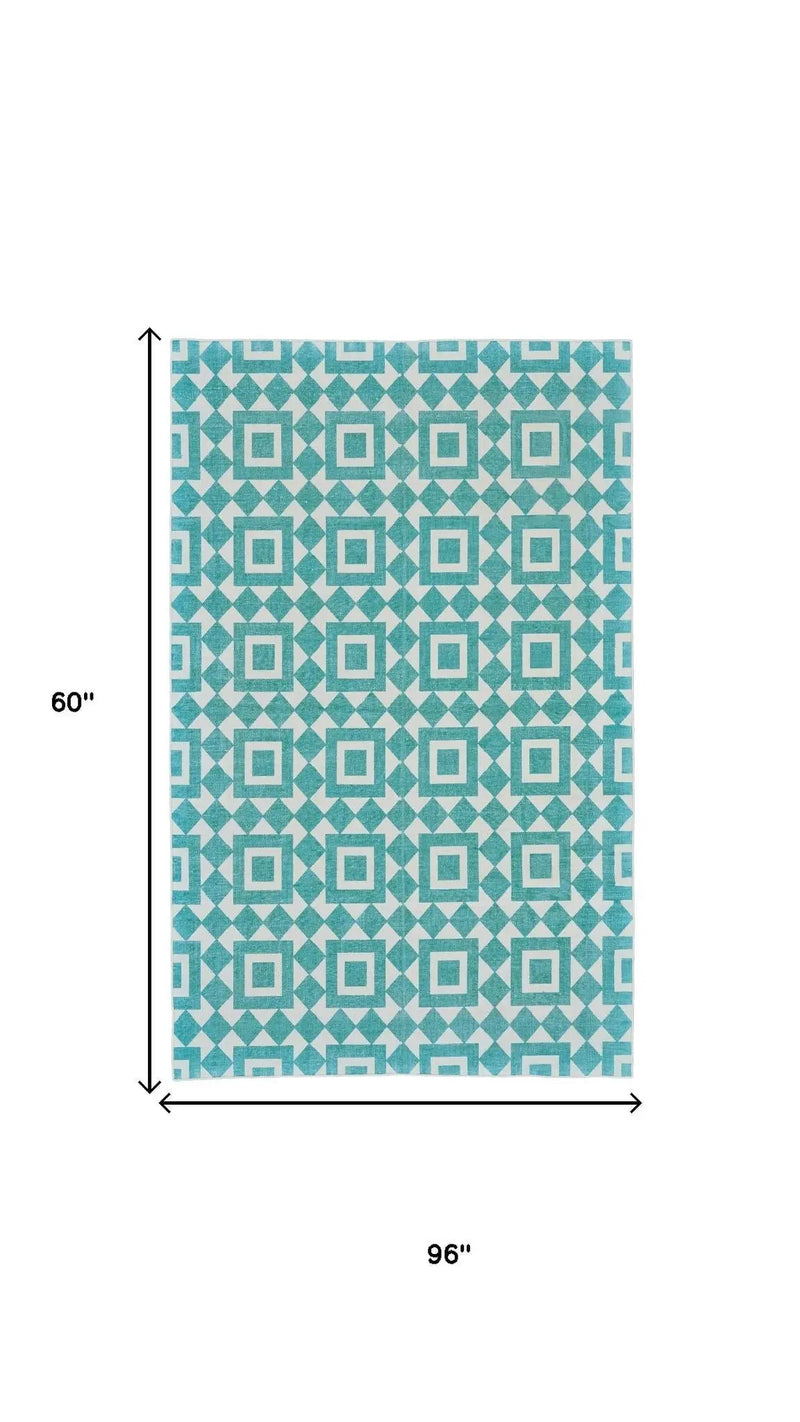 5' X 8' Blue And White Geometric Hand Woven Area Rug Homeroots Home Decor
